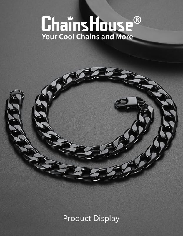 ChainsHouse Stainless Steel Cuban Link Chain Necklace for Mens Jewelry | 4mm/6mm/9mm/13mm Width Flat Cuban Chain, Black/14K Gold Plated Hip Hop Jewelry Mens Necklace 14"-30" Length with Gift Box - color: Black