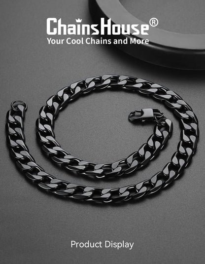 ChainsHouse Stainless Steel Cuban Link Chain Necklace for Mens Jewelry | 4mm/6mm/9mm/13mm Width Flat Cuban Chain, Black/14K Gold Plated Hip Hop Jewelry Mens Necklace 14"-30" Length with Gift Box - color: Black