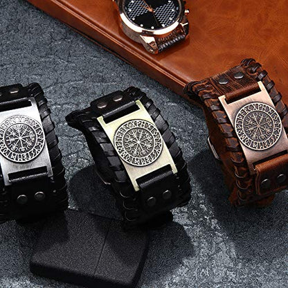 GelConnie Viking Bracelet Punk Leather Cuff Bracelet Gothic Leather Wristband Bracelet with Nordic Amulet Scandinavian Talisman Celtic Pagan Jewelry - color: Black Compass