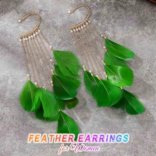 Catery Feather Earrings Long Tassel Boho Earrings Dangling Fringe Prom Jewelry for Women - color: Green