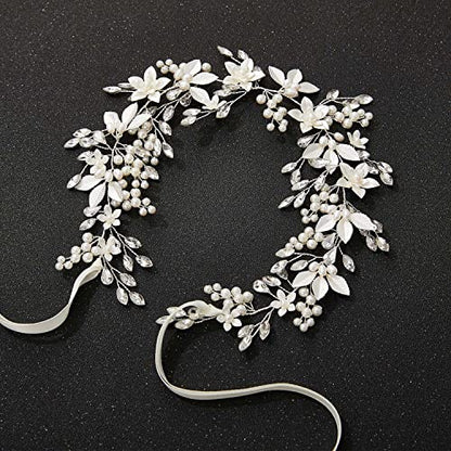 SWEETV Handmade Rhinestone Wedding Headband Flower-Leaf Bridal Headpieces for Wedding Pearl Hair Accessories (Silver) - color: Silver