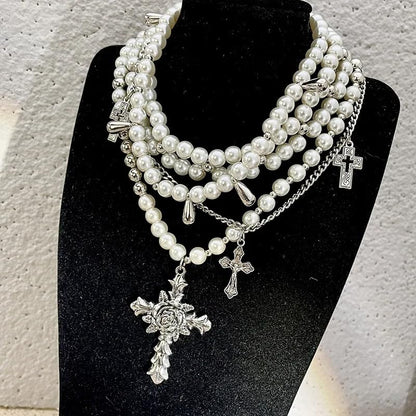Layered Pearl Necklace Gothic Cross Pearl Stacked Necklace for Women | Statement Chunky Silver Choker Necklace