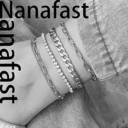 Nanafast 4-6PCS Ankle Bracelets Set for Women Gold Boho Beach Anklet Chain Adjustable Foot Jewelry for Women Extremely Simple Style - color: 4PCS-Silver