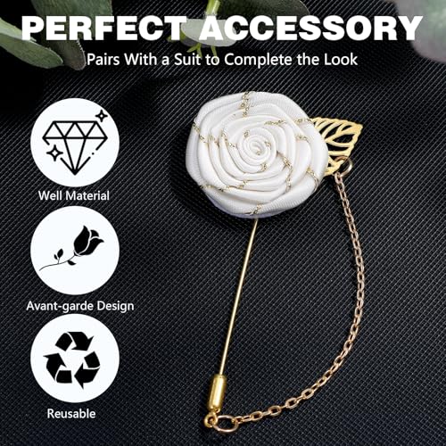 Gold Lapel Pin for Men, Gold Foil Brooch Men's White Flower Satin Lapel Pin with Metal Chain for Suits Professional Tuxedo Groom Wedding Brooch - color: White