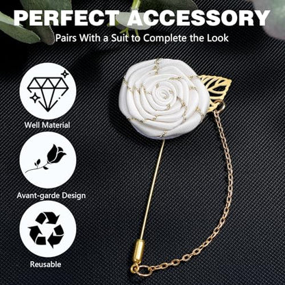 Gold Lapel Pin for Men, Gold Foil Brooch Men's White Flower Satin Lapel Pin with Metal Chain for Suits Professional Tuxedo Groom Wedding Brooch - color: White