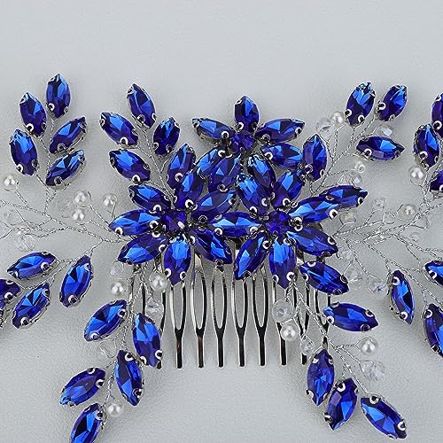 Hair Comb, Women Handmade Blue Rhinestone Crystal Flower Wedding Bridal Headpiece for Weddings, Parties, Mother's Day Gift (BLUE, 28cm*8cm) - color: BLUE