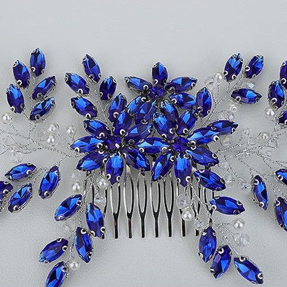 Hair Comb, Women Handmade Blue Rhinestone Crystal Flower Wedding Bridal Headpiece for Weddings, Parties, Mother's Day Gift (BLUE, 28cm*8cm) - color: BLUE