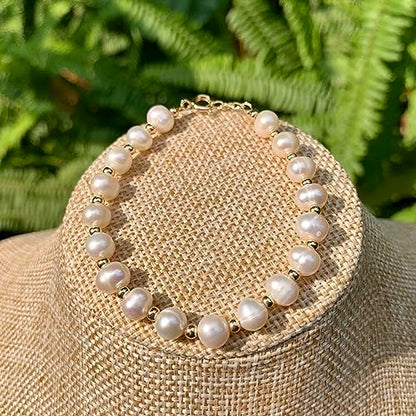 Natural White Pearl Beaded 14k Gold Filled Wire Wrapped Bracelet, Healing Birthstone Adjustable Bangle Cuff. Gift for Women