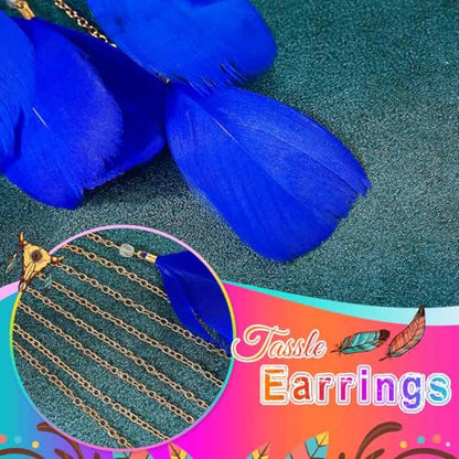 Catery Feather Earrings Long Tassel Boho Earrings Dangling Fringe Prom Jewelry for Women - color: Royal Blue