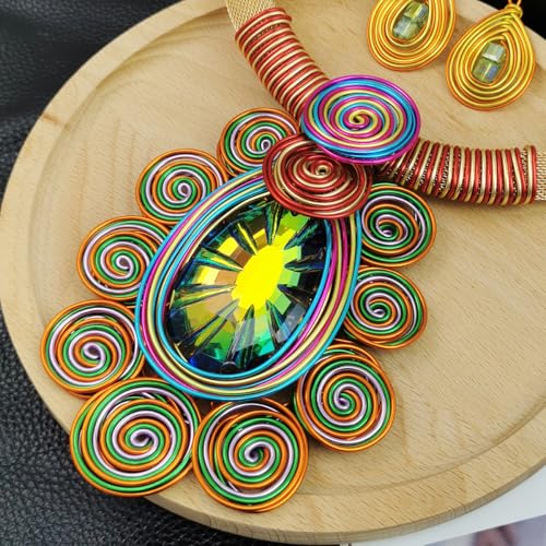 African Jewelry Sets Statement Big Crystal Pendent Necklace Earrings Set For Women Handmade Bib Collar Costume Tribal Fashion Accessories - color: KDLUN5305 Multicolor