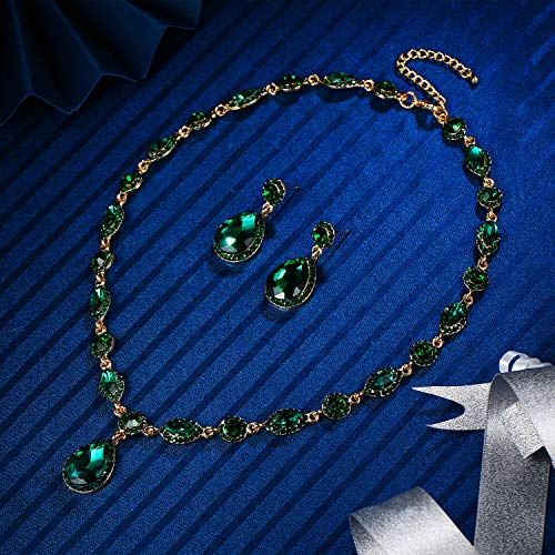 EleQueen Women's Teardrop Necklace Earrings Jewellery Set for Party Prom | Wedding Bridal Costume Jewelry Set for Brides Bridesmaids, Crystal Teardrop Necklace Dangle Earrings - color: Emerald Color Gold-Tone