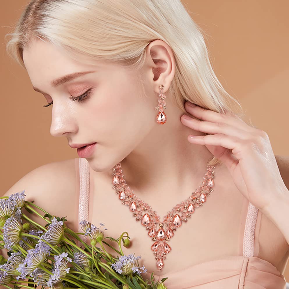 Wedding Bridal Necklace Earrings Jewelry Set for Women | Gorgeous Austrian Crystal Teardrop Flower Cluster for Bridal Bride Bridesmaid - color: 2Pcs-Peach Rose-Gold-Tone