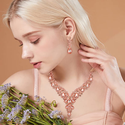 Wedding Bridal Necklace Earrings Jewelry Set for Women | Gorgeous Austrian Crystal Teardrop Flower Cluster for Bridal Bride Bridesmaid - color: 2Pcs-Peach Rose-Gold-Tone
