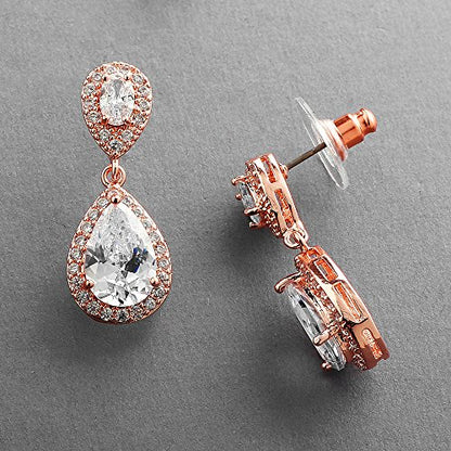 Mariell Cubic Zirconia Crystal Teardrop Dangle Bridal and Wedding Earrings, CZ Jewelry for Brides, Bridesmaids, Homecoming, Prom and Dressy Everyday Wear - color: Rose Gold-Clear Cubic Zirconia