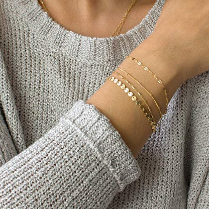 Womens Dainty Gold Chain Bracelet,Simple Layered Chain Bracelets,Beaded Turquoise Bracelet,Charm Crystal Bar,Heart,Karma,Triangle,Pearl Bracelets for Women - color: Gold Coin Chain