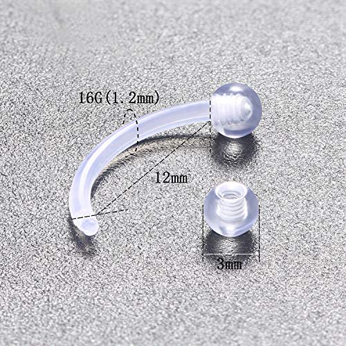 16G Clear Plastic Curved Barbells Eyebrow Ring Snake Eyes Tongue Rings Acrylic Bioflex Cartilage Helix Tragus Earrings Nipple Belly Lip Ring Piercing Retainer Length 6mm 8mm 10mm 12mm 36pcs - color: 36Pcs 16G 12mm