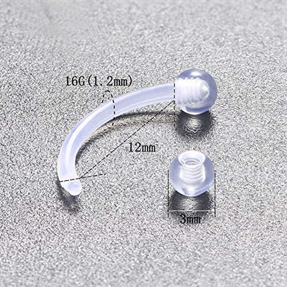 16G Clear Plastic Curved Barbells Eyebrow Ring Snake Eyes Tongue Rings Acrylic Bioflex Cartilage Helix Tragus Earrings Nipple Belly Lip Ring Piercing Retainer Length 6mm 8mm 10mm 12mm 36pcs - color: 36Pcs 16G 12mm