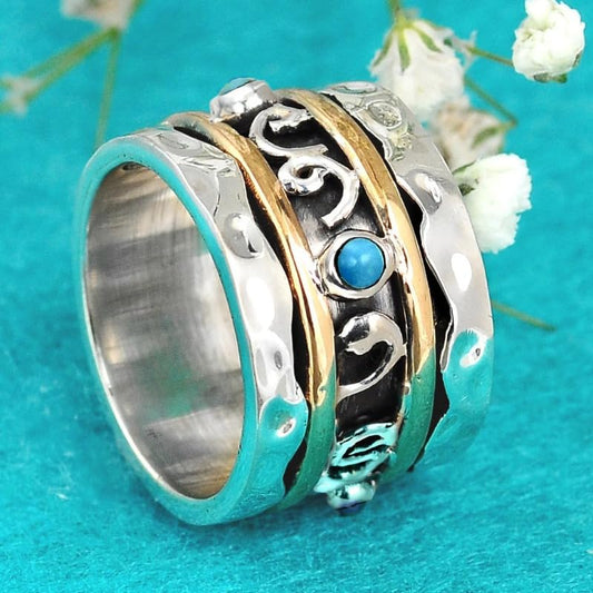 Bohemian Blue Synthetic Gemstone Two Tone Wide Rings for Women Daily Casual Party Rings Jewelry - color: Silver&Gold