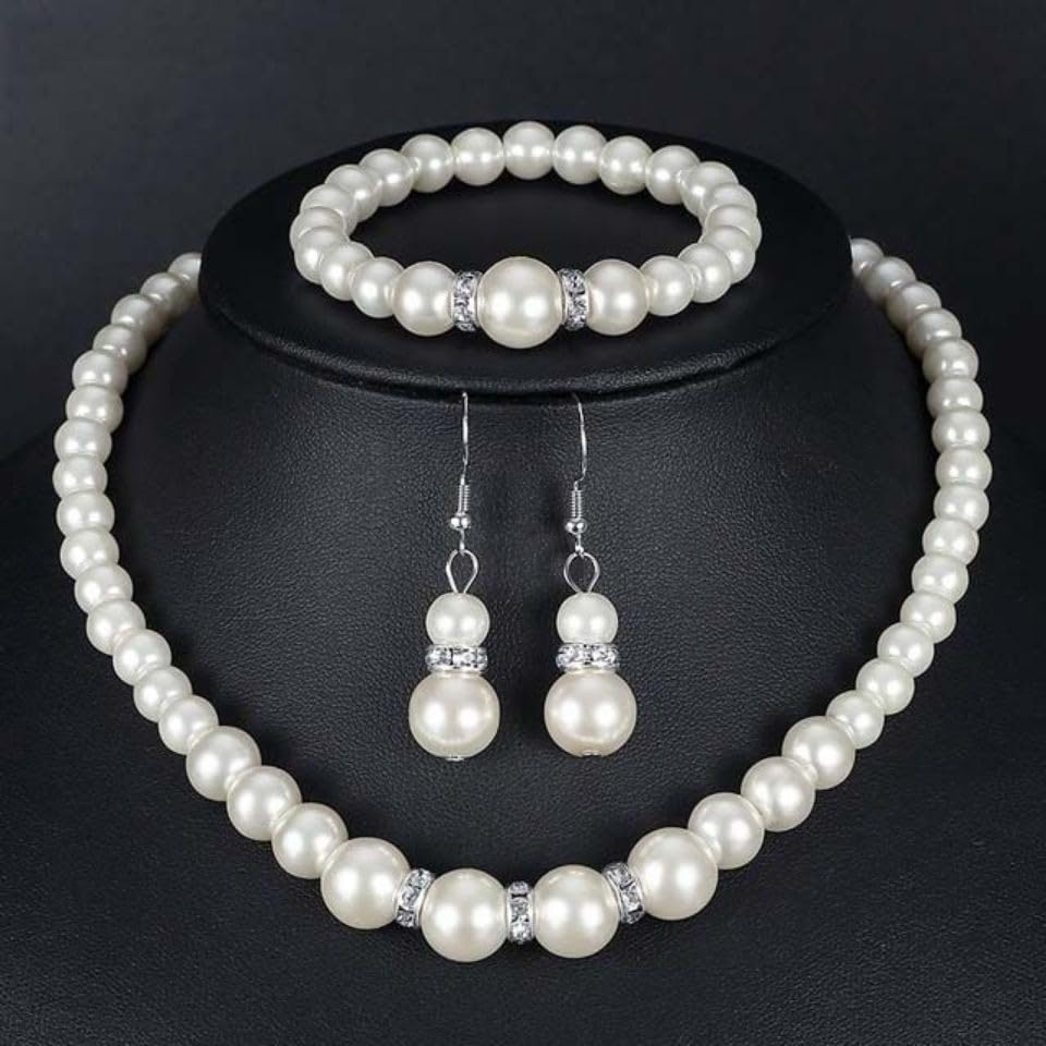 CSIYANJRY99 Pearl Necklace and Earring Set Faux Pearl Jewelry Sets for Women Imitation Beaded Pearl Necklace Bracelet Stud Earrings for Women - color: Pearl Jewelry Sets