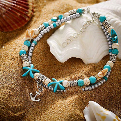 Softones Blue Starfish Turtle Anklet Multilayer Charm Beads Sea Handmade Boho Anklet Foot Jewelry for Women - style: O:Boat Anchor