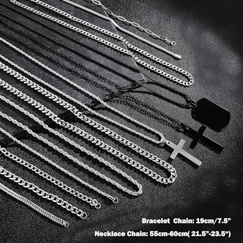 GIFIKOI 30Pcs Jewelry Set for Men Stainless Steel Band Ring Cuban Link Chain Necklace and Bracelet Cross Dog Tag Pendant Necklace Hoop Stud Black Earrings Mens Fashion Jewelry Set