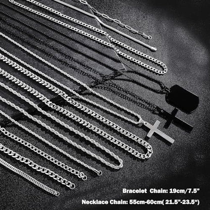 GIFIKOI 30Pcs Jewelry Set for Men Stainless Steel Band Ring Cuban Link Chain Necklace and Bracelet Cross Dog Tag Pendant Necklace Hoop Stud Black Earrings Mens Fashion Jewelry Set