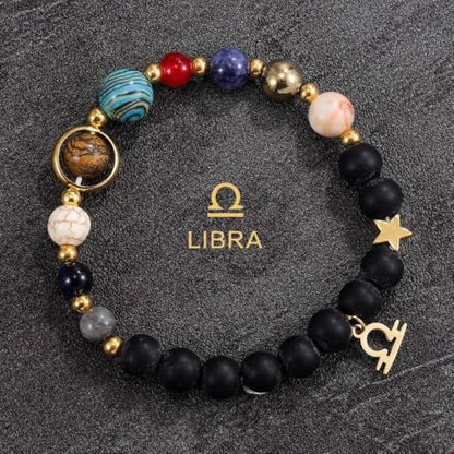Solar System Planet Bead Zodiac Sign Stretch Bracelet for Men Women | Matte black beads with solar system planet stones, unisex design, perfect birthday holiday gift for men women - color: libra