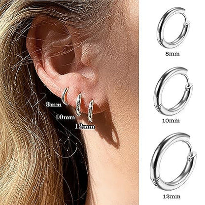 Silver Gold Hoop Earrings for Women Men, 316L Surgical Stainless Steel Huggie Hoop Earrings Set Hypoallergenic Small Cartilage Earrings Lightweight Hoop Earrings Huggie Set - color: Silver--8/10/12mm
