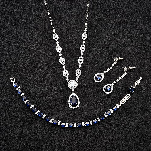 GULICX AAA Cubic Zirconia CZ Silver Plated Base Women's Party Jewelry Set Earrings Pendant Necklace - color: Blue Set