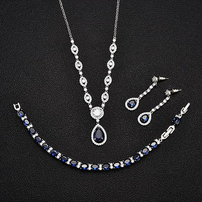 GULICX AAA Cubic Zirconia CZ Silver Plated Base Women's Party Jewelry Set Earrings Pendant Necklace - color: Blue Set
