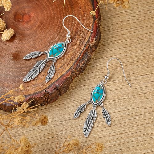 AVECON Turquoise Dangle Earrings for Women, Sterling Silver Feather Jewelry | Genuine Western Marquise Boho Pierced, Native American Jewelry with Hook and Leaf, for Cowgirl & Cowboy - color: Teal Turquoise