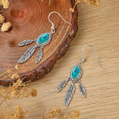 AVECON Turquoise Dangle Earrings for Women, Sterling Silver Feather Jewelry | Genuine Western Marquise Boho Pierced, Native American Jewelry with Hook and Leaf, for Cowgirl & Cowboy - color: Teal Turquoise