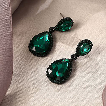 EVER FAITH Women's Austrian Crystal Wedding Tear Drop Dangle Earrings | Bridal Prom Jewelry for Bride Bridesmaid - color: Green Black-Tone