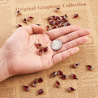 FASHEWELRY 50Pcs Faceted Transparent Glass Teardrop Pendants Crystal Glass Dangle Oval Drop Bead Charms with Golden Flower Open Back Settings for Jewelry Craft Making - color: Red