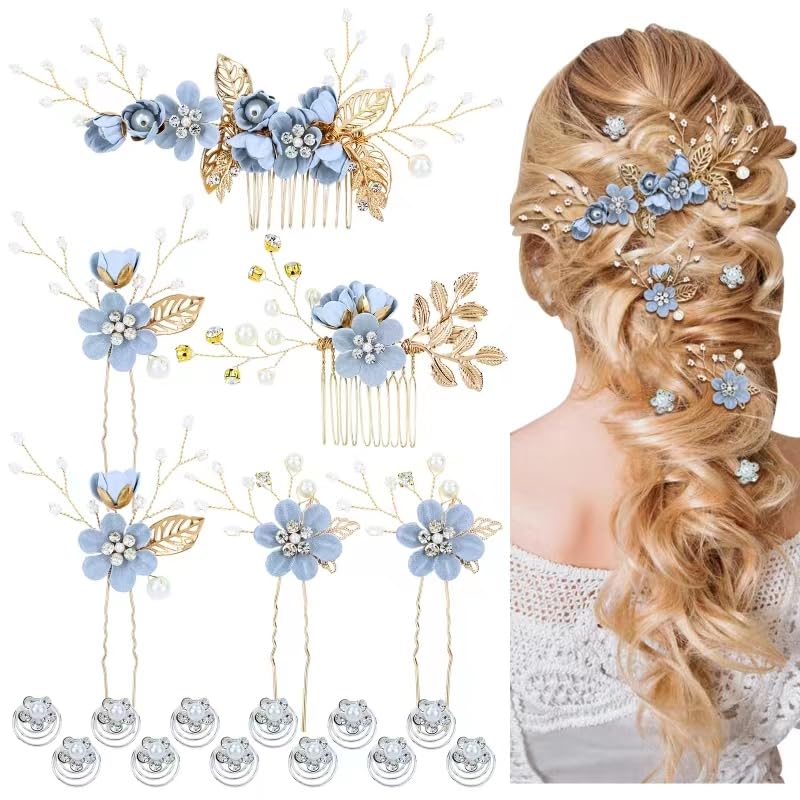 Cinaci 18 Pieces Bridal Wedding Party Prom Pearl Rhinestone Light Blue Flower Hair Side Combs Slides+U-shaped Flower Hair Pins+Twist Spiral Hairpins Floral Headpieces for Brides Bridesmaids Women Girl - color: Light Blue