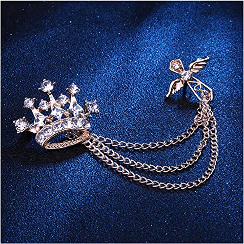 Collar Chain Pin for Men and Women - Hanging Tassel Brooch Lapel Pin for Business Suits - Bar Pin With Long Chain - Gifts - color: H: crown gold
