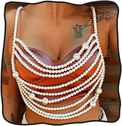 Pearl Body Chain Shoulder Necklace Pearl Top Bikini Pearls Shoulder Chains Bra Chain Jewelry for Women Rave Nightclub Party Body Accessories Sexy Bra Chain (9 line)