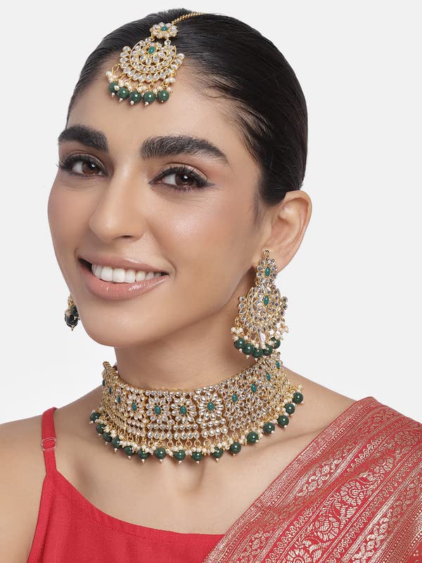 Aheli Faux Pearl Choker Necklace with Earrings Indian Traditional Bollywood Jewelry Set Gift for Women - color: Green