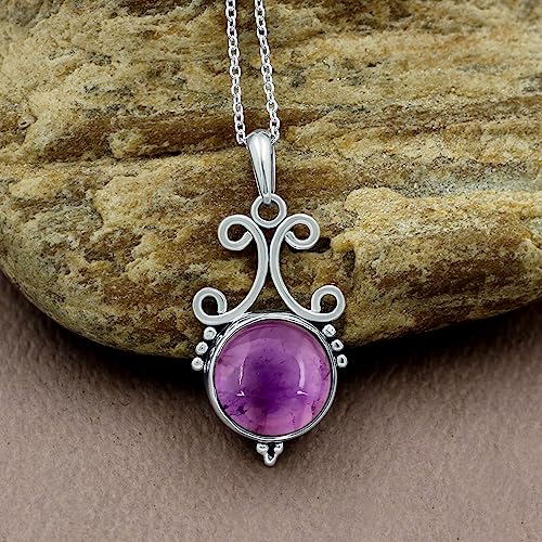 Natural Round Gemstone Pendant Necklace for Women, 925 Sterling Silver | Solitaire Birthstone Jewelry With 18 Inch Chain, Handmade Semi Precious Stone Pendant, Jewelry Gift for Mom, Wife & Sister - color: Amethyst