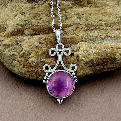 Natural Round Gemstone Pendant Necklace for Women, 925 Sterling Silver | Solitaire Birthstone Jewelry With 18 Inch Chain, Handmade Semi Precious Stone Pendant, Jewelry Gift for Mom, Wife & Sister - color: Amethyst