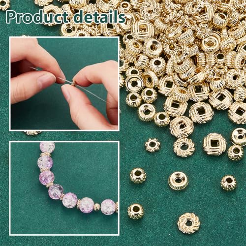 PH PandaHall 300PCS Gold Spacer Beads 6 Style Alloy Jewelry Bead Charm Spacers Wreath Beads Rondelle Disc Loose Beads for Jewelry Making DIY Bracelets Necklace and Crafting - color: Gold Flat