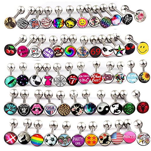 50-100pcs Surgical Steel Fancy Words Tongue Ring Logo Barbell Bars 14 Gauge Tongue Piercing Lot 5/8" - color: 100pcs