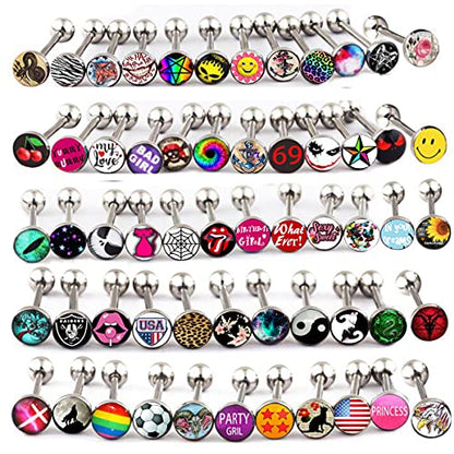 50-100pcs Surgical Steel Fancy Words Tongue Ring Logo Barbell Bars 14 Gauge Tongue Piercing Lot 5/8" - color: 100pcs