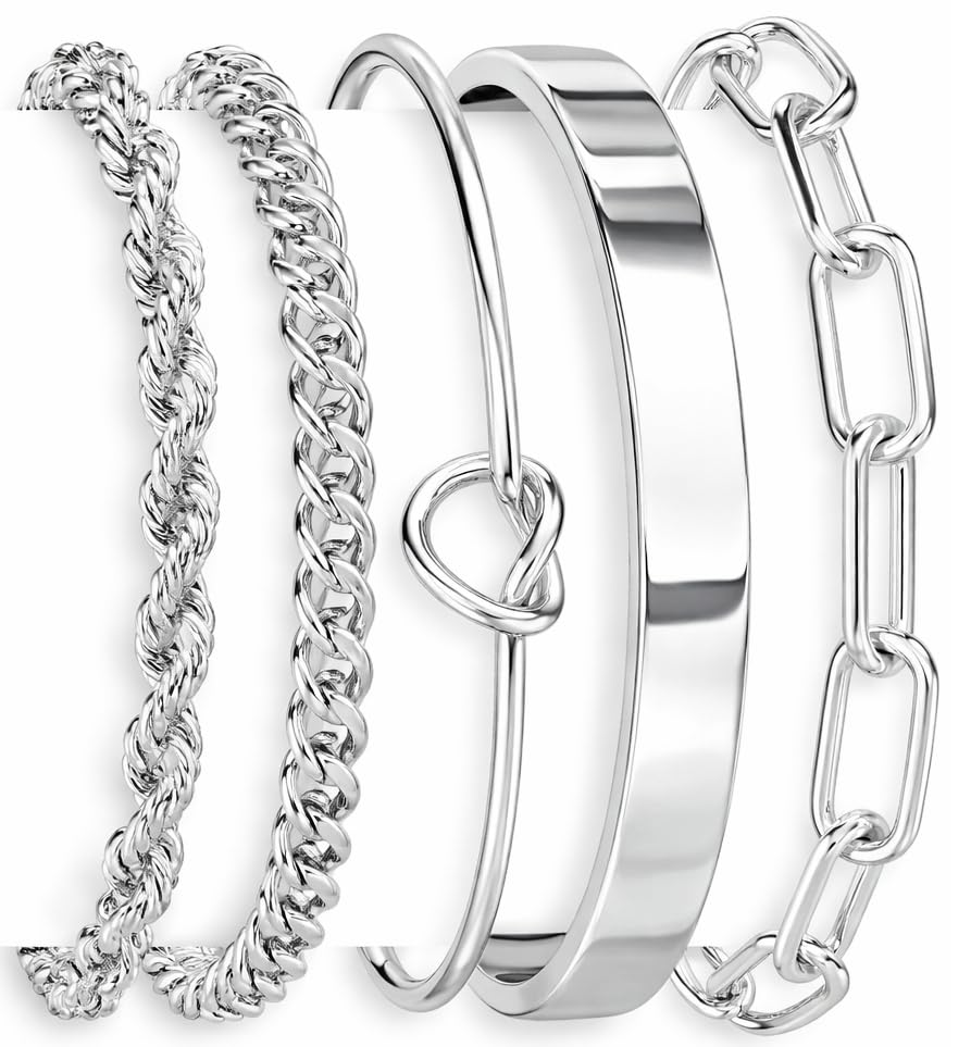 Gokeey Sterling Silver Cuff Bangle Bracelet Set for Women Waterproof, Non Tarnish S925 Silver Chunky Cuban Link Chain Heart Love Infinity Tie Knot Paperclip Beaded Twist Rope Silver Bracelets Fashion Jewelry Gifts Set - color: Silver-Stackable Bangles set