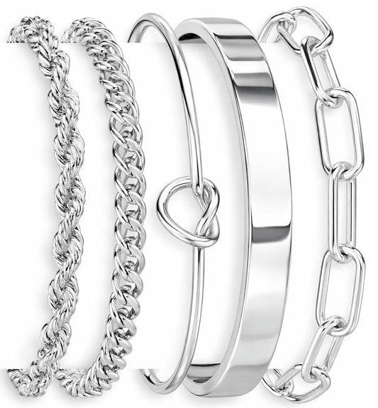 Gokeey Sterling Silver Cuff Bangle Bracelet Set for Women Waterproof, Non Tarnish S925 Silver Chunky Cuban Link Chain Heart Love Infinity Tie Knot Paperclip Beaded Twist Rope Silver Bracelets Fashion Jewelry Gifts Set - color: Silver-Stackable Bangles set