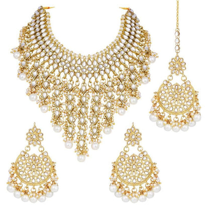 Aheli Elegant Indian Wedding Wear Faux Kundan Studded Choker Necklace with Maang Tikka Set Ethnic Fashion Jewelry for Women Maroon Kundan & Pearl Drop - color: White