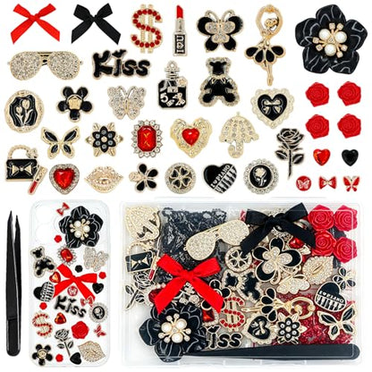 RidaaFri Junk Phone Case Charms Kit, Red Black 3D Large Charms Set | DIY Case Craft Flatback Rhinestone Gems with Bow Flower Heart Rose, Phone Making Supplies Women Aesthetic Personalization - color: Black/Red