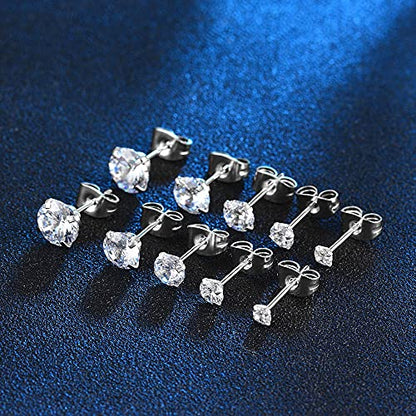 Surgical Stainless Steel Stud Earrings Hoop Earrings for Women Men 14K Gold Plated Hypoallergenic Cartilage Earrings Flat Back CZ Earrings Set Dainty Multiple Piercing Pack of 8 Pairs - color: Push back (Silver)
