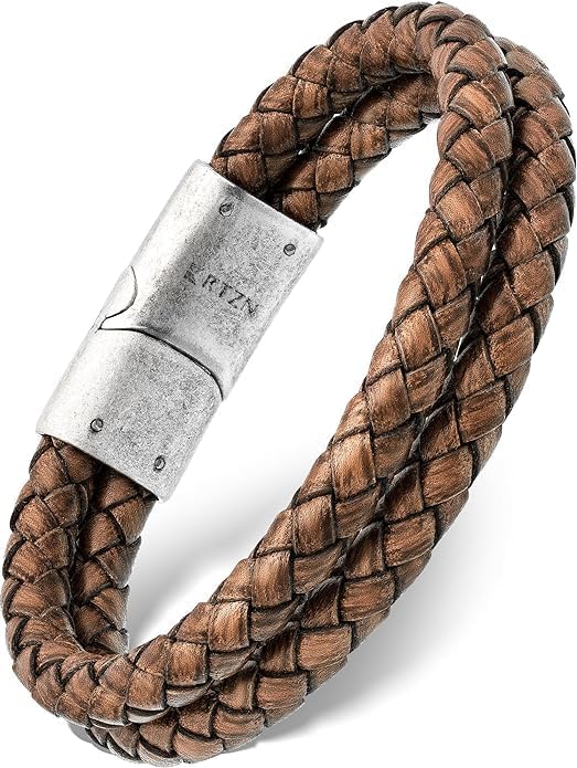 RTZN® Brown Leather Bracelet for Men – Premium Artisan Handcrafted Mens Leather Bracelet – Multi-Stand Mens Bracelet Leather Collection | Beaded Tiger Eye, Silver Chain, and Braided Brown Leather - color: Double Braided, size: Small