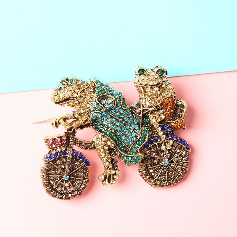 2Pcs Two Frogs Riding Bike Brooch Vintage-Inspired Sparkling Rhinestone Animal Brooch Pin Fashion Accessory